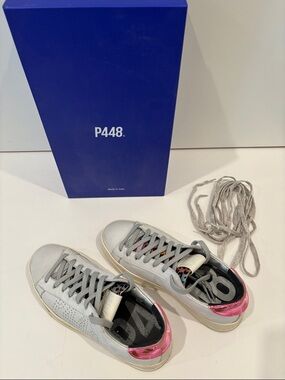 P448 Low-Top Sneakers in Light Gray with Pink and Leopard Accents